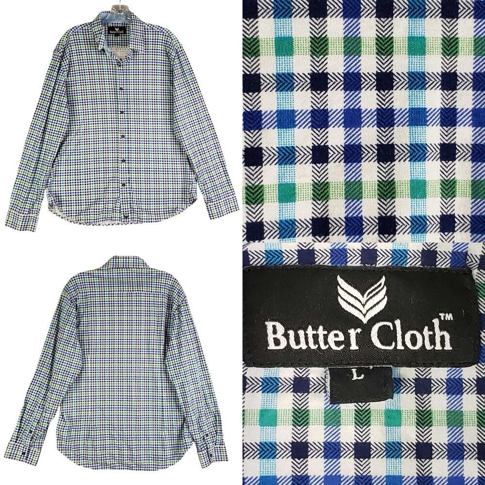 Buttercloth Shirt Mens Size Large L Long Sleeve Button Down Blue Green Plaid
